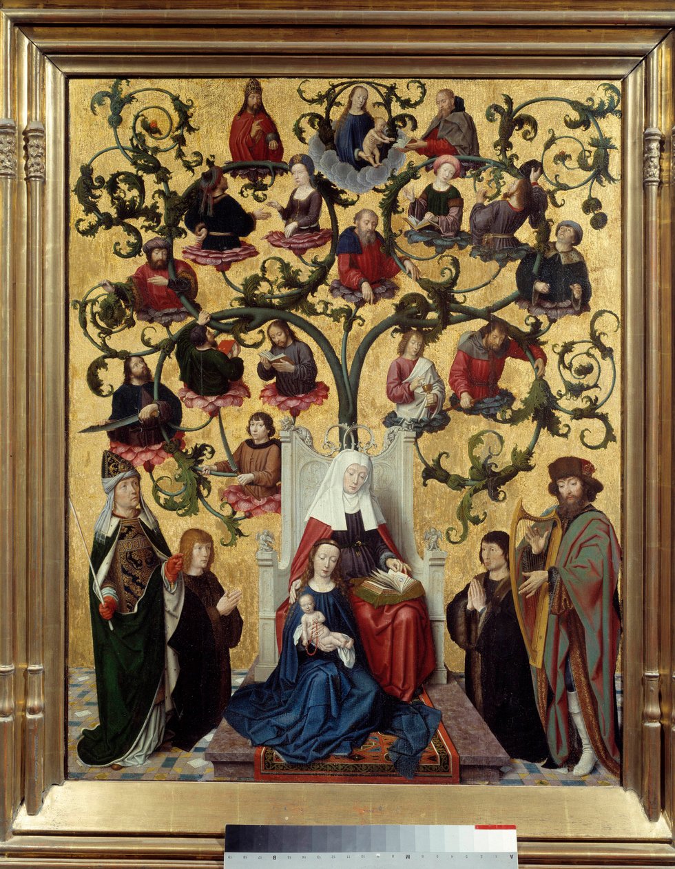 Linia św. Anny Reprezentacja drzewa genealogicznego św. Anny, matki Maryi. Obraz na drewnie autorstwa Gerarda Davida (1460-1523). 1483. Niedz. 0,88 x 0,69 Lyon, Muzeum Sztuk Pięknych autorstwa Gerard David
