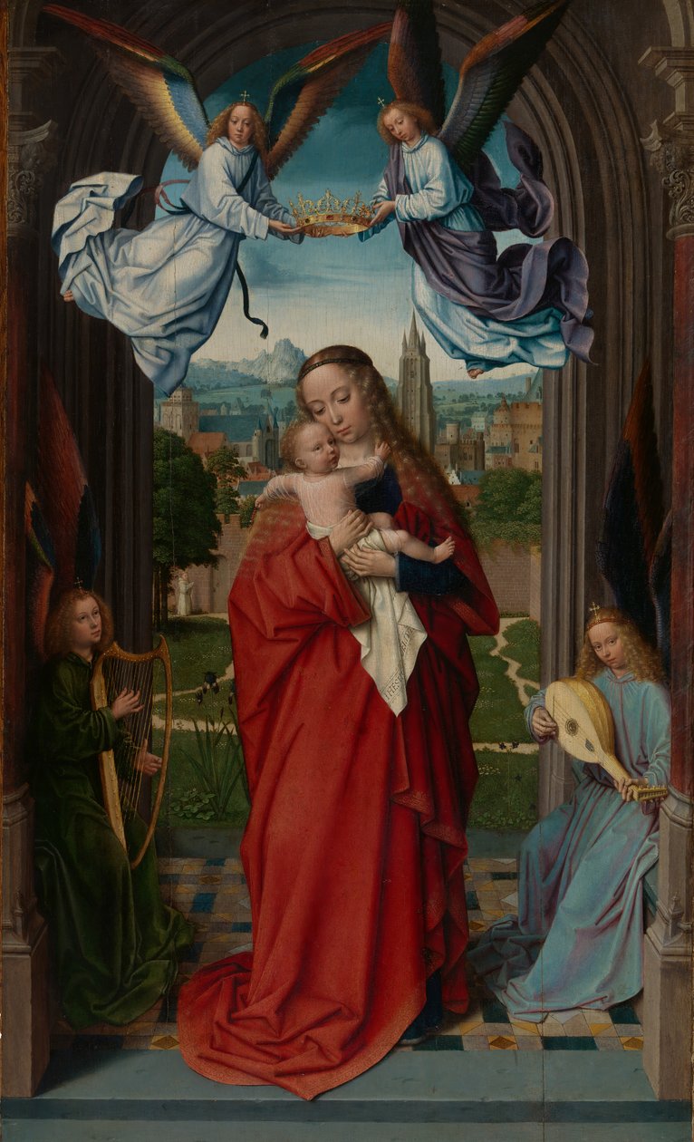 Dziewica z Dzieciątkiem z Czterema Aniołami, ca. 1510-15. autorstwa Gerard David