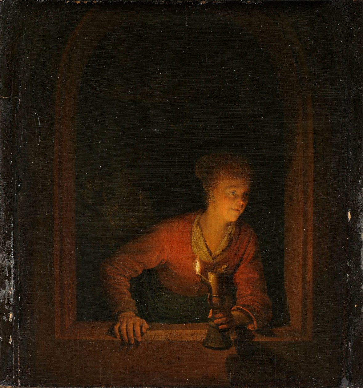 Dziewczyna z lampą naftową przy oknie autorstwa Gerrit Dou