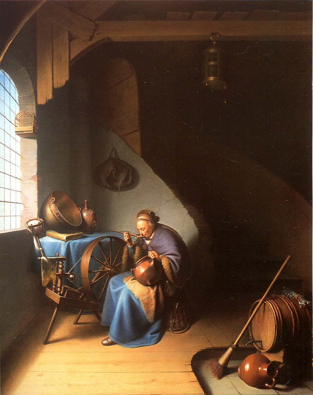 Wnętrze z kobietą jedzącą owsiankę autorstwa Gerrit Dou