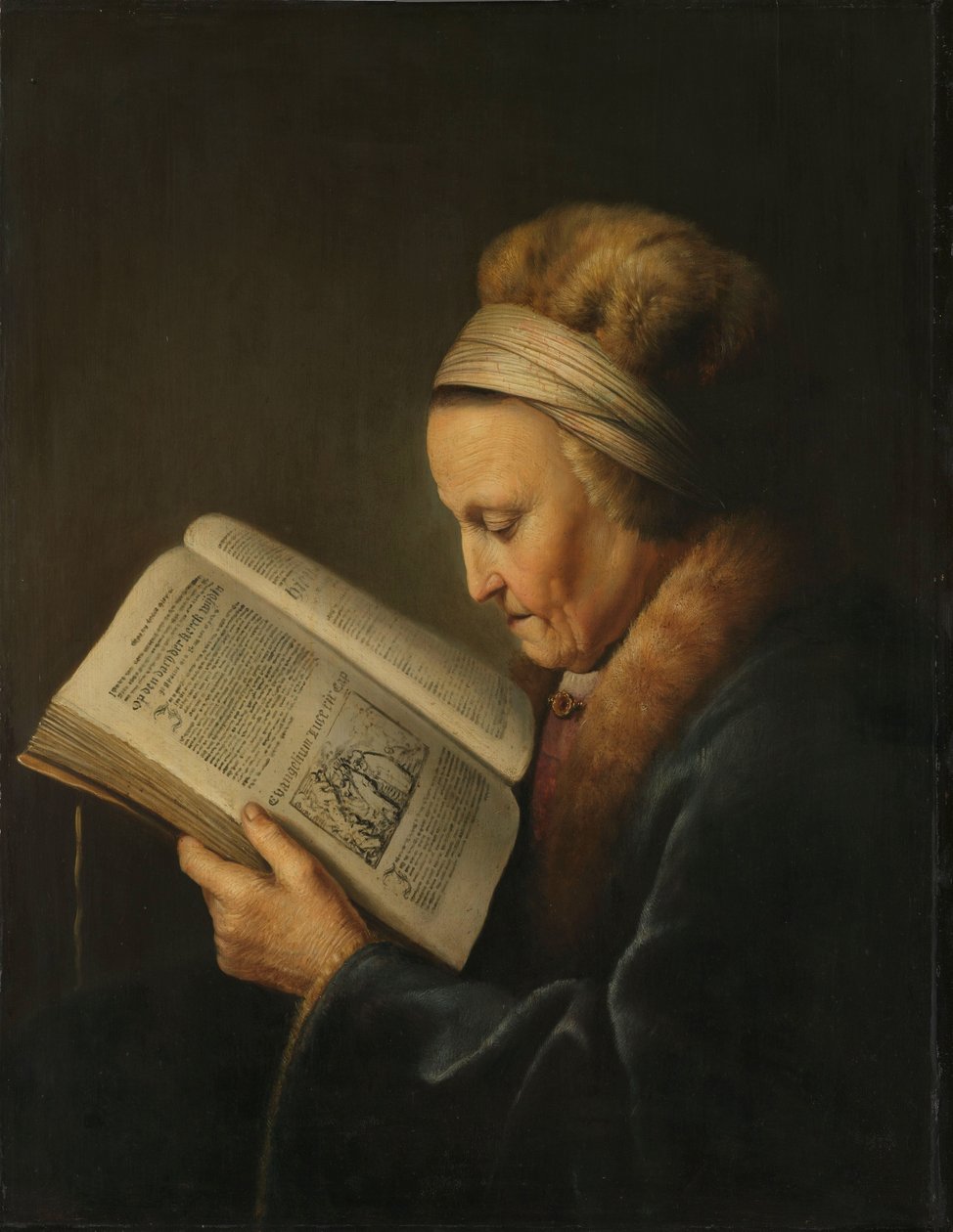 Stara kobieta czytająca Stara kobieta czytająca lekcjonarz : tzw. portret matki Rembrandta, Neeltgen Willemsdr van Zuijdtbroeck (zm. 1640) autorstwa Gerrit Dou