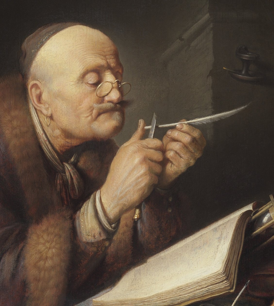 Uczony ostrzący gęsie pióro autorstwa Gerrit Dou