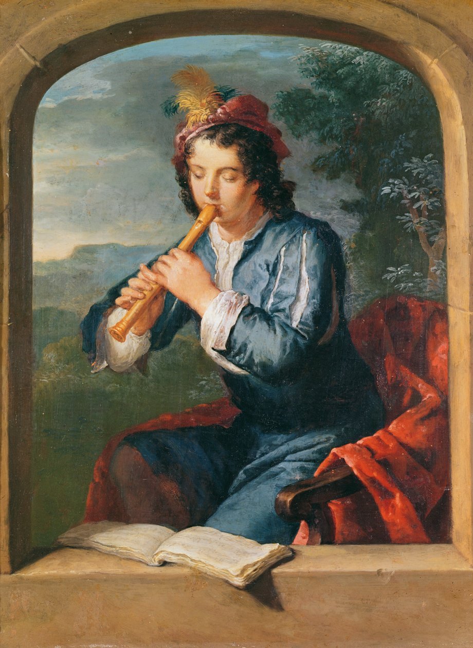 Młody mężczyzna grający na flecie (pastel na papierze) autorstwa Gerard Hoet