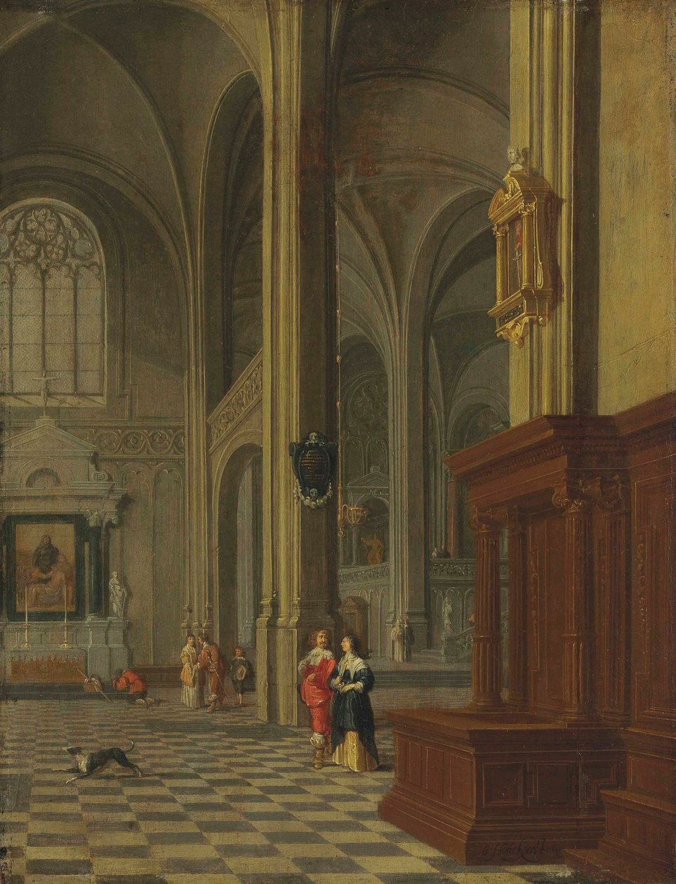 Niemiecki: Inneres einer Kirche Gotyckie wnętrze kościoła z eleganckimi figurami autorstwa Gerard Houckgeest