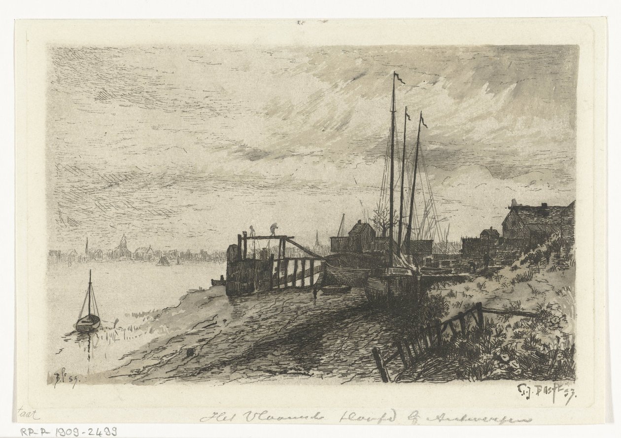 widok na rzekę Flamandzka głowa niedaleko Antwerpii (tytuł na obiekcie) autorstwa Gerard Jan Bos (signed by artist)