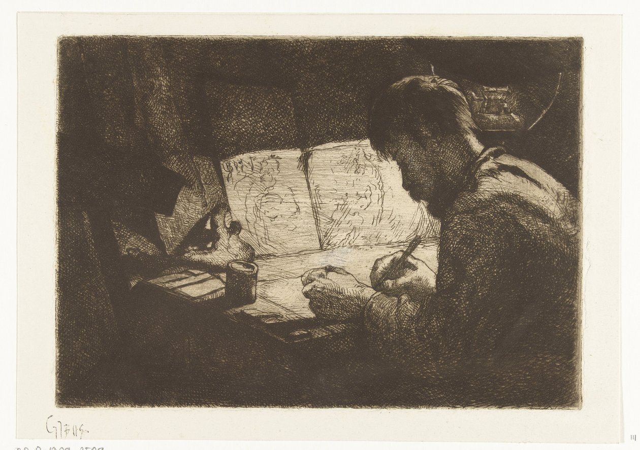 Autoportret za deską kreślarską autorstwa Gerard Jan Bos (signed by artist)