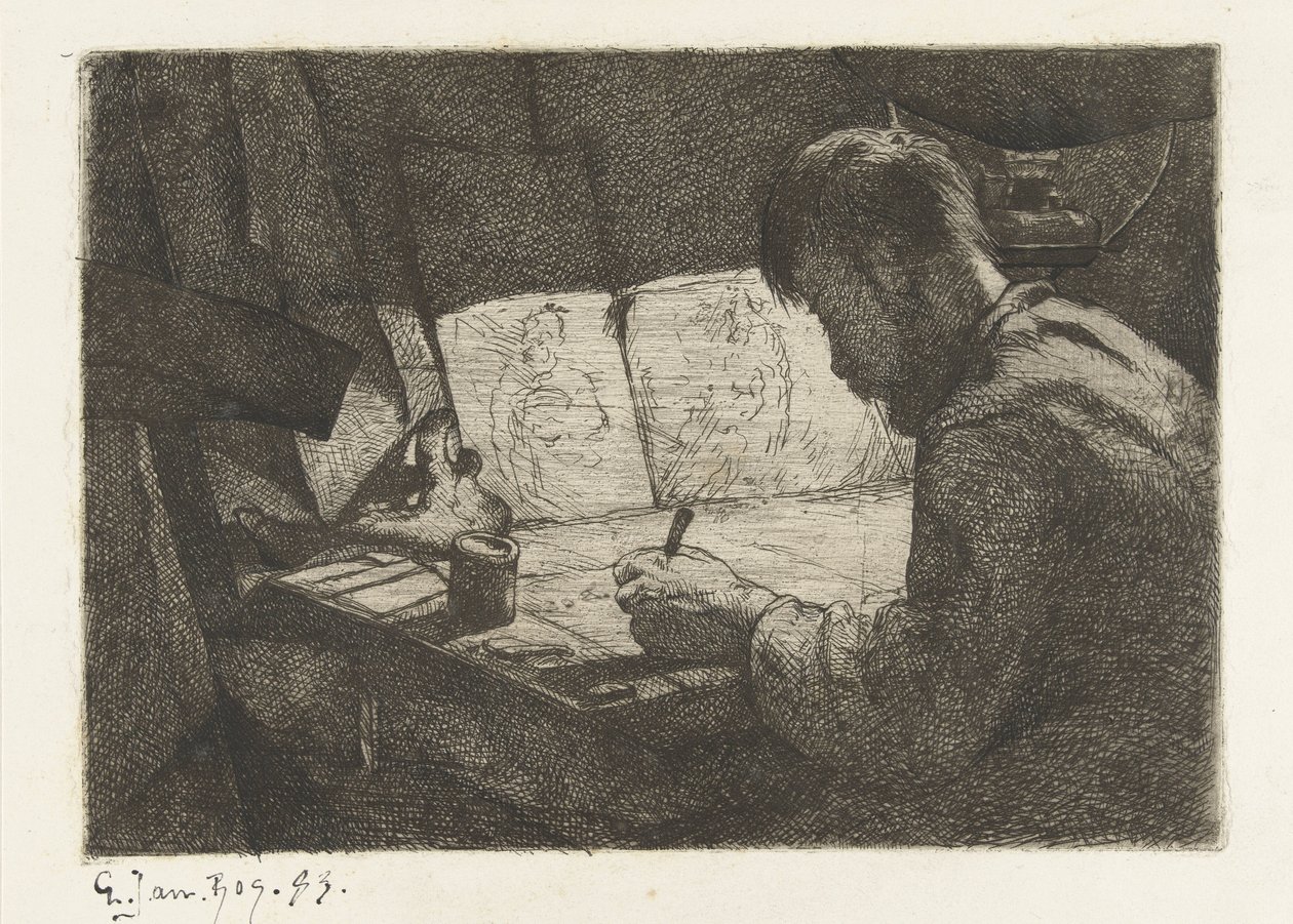 Autoportret za deską kreślarską autorstwa Gerard Jan Bos (signed by artist)