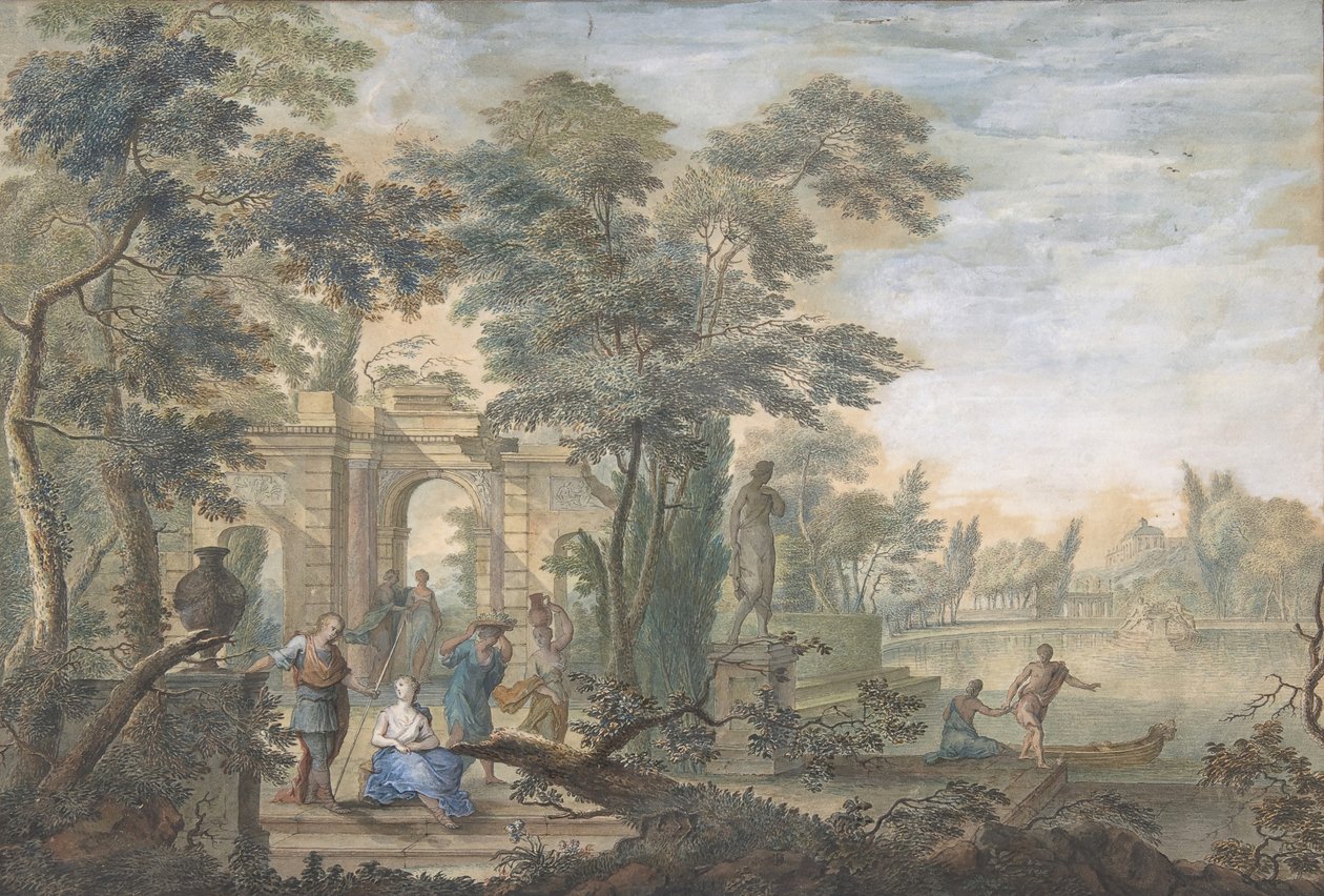 Krajobraz Arkadii z kilkoma figurami i posągiem Diany, XVIII wiek. autorstwa Gerard Melder