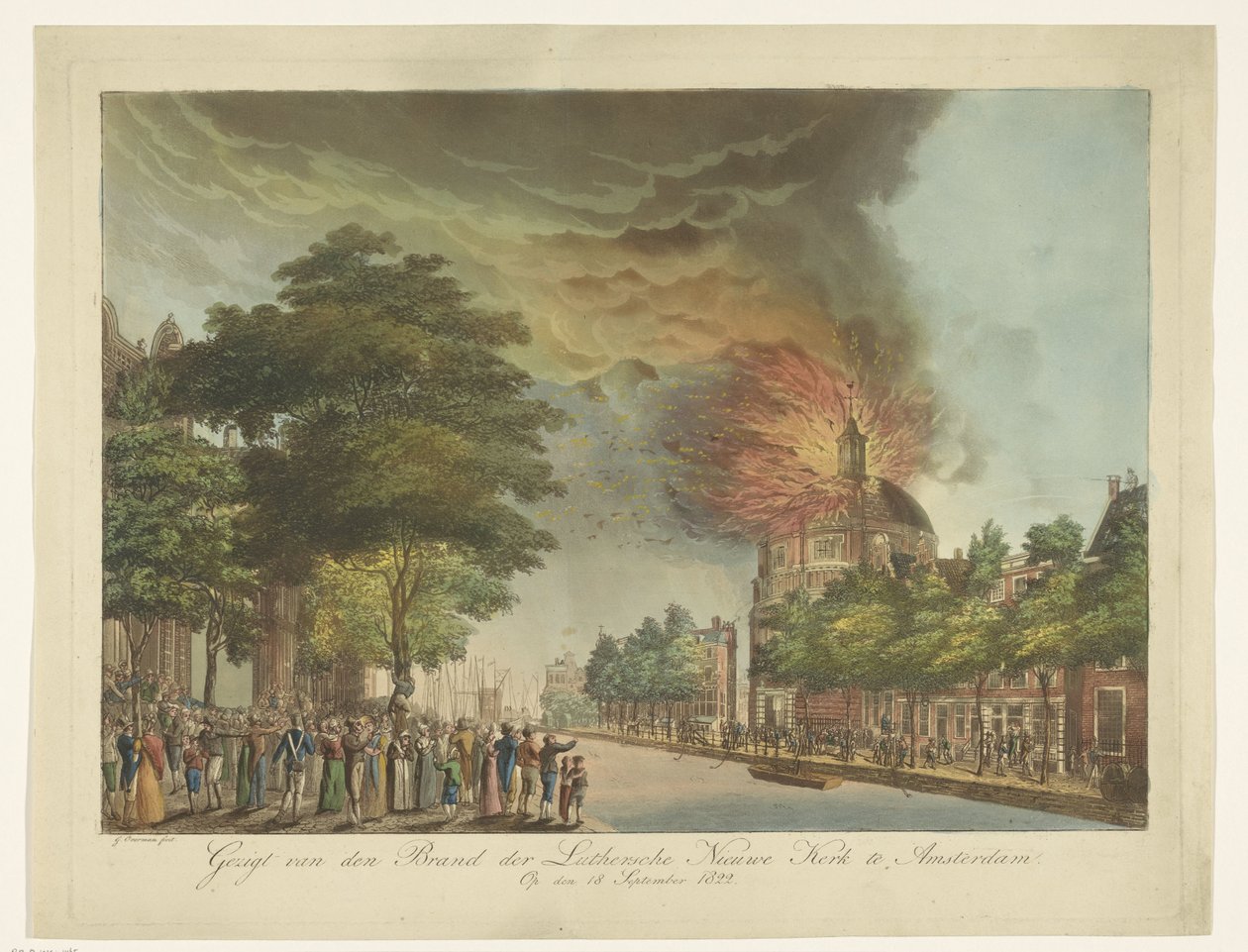 Pożar w Nowym Kościele Luterańskim na Singel w Amsterdamie, 18 września 1822 r. Widok marki Nowego Kościoła Luterańskiego w Amsterdamie (tytuł na obiekcie) autorstwa Gerard Overman