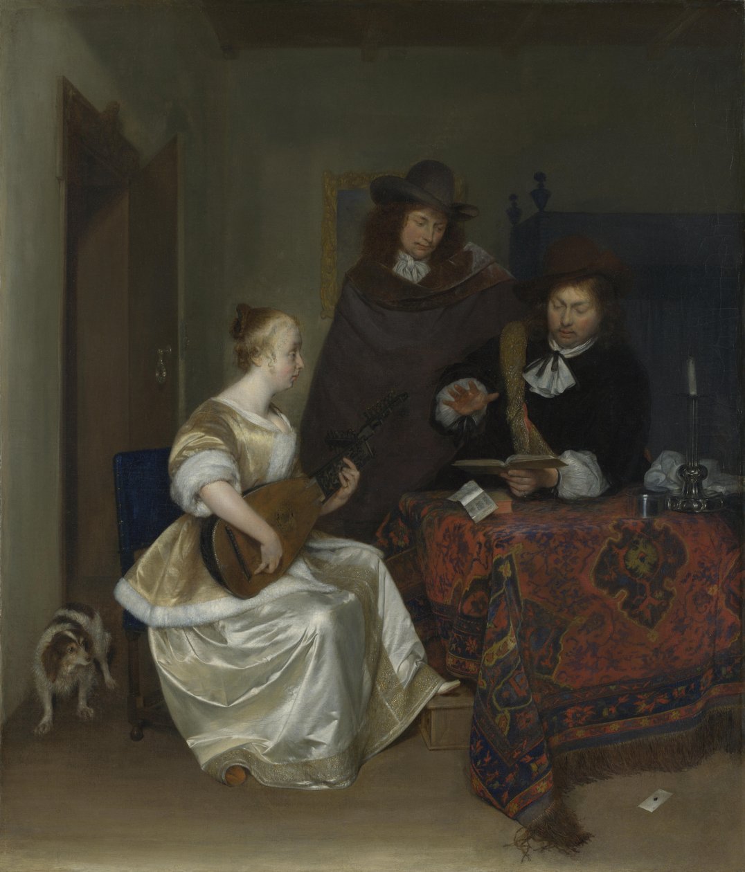 Kobieta grająca teorbę dla dwóch mężczyzn, ok. 1668 autorstwa Gerard Ter Borch the Younger