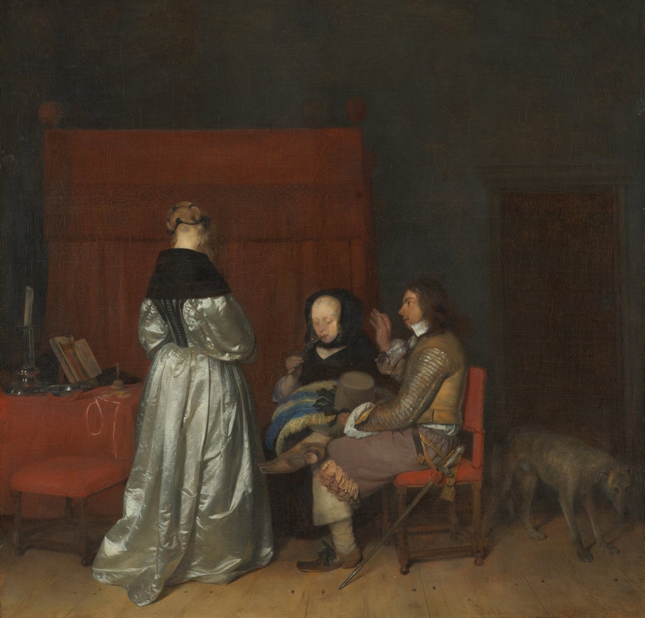 Trzy postacie rozmawiające we wnętrzu Napomnienie ojcowskie, ok. 1654 autorstwa Gerard Ter Borch the Younger
