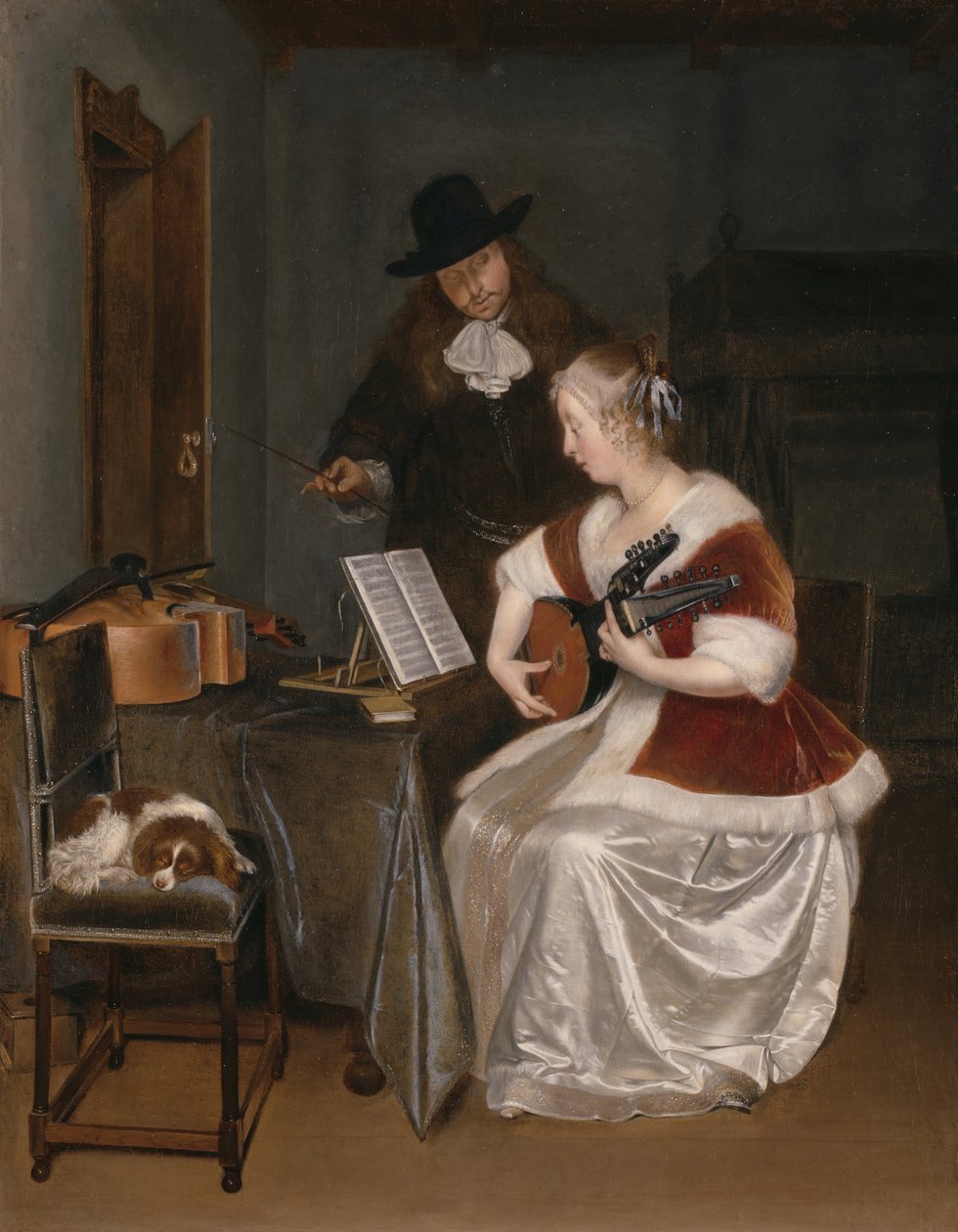 Lekcja muzyki, ok. godz. 1670. autorstwa Gerard Terborch II