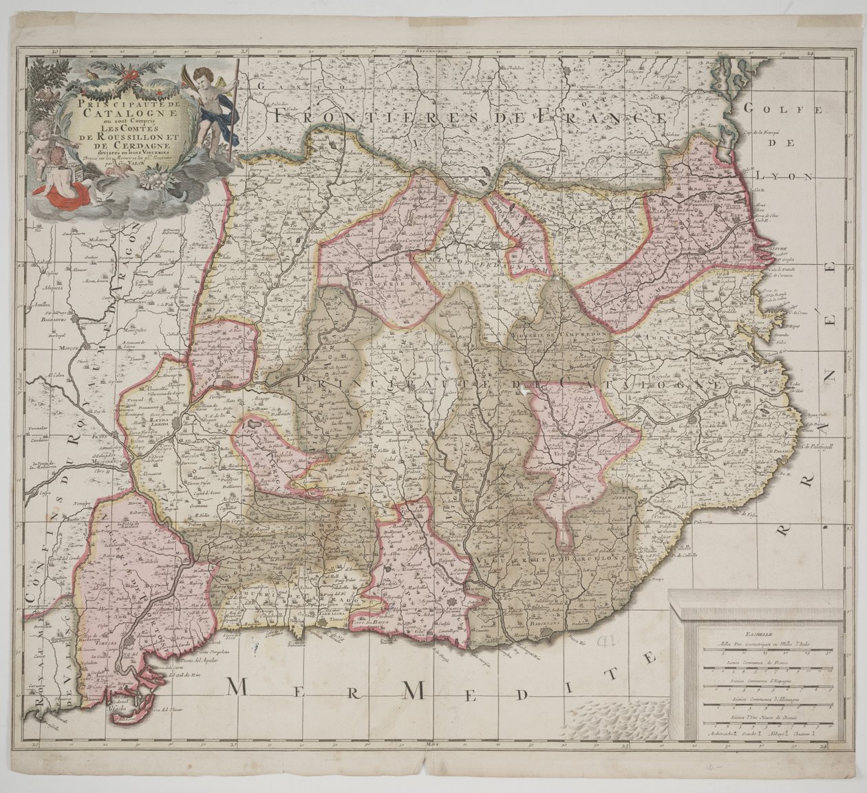 Księstwo Katalonii, ok. 1702 (akwaforta ręcznie kolorowana) autorstwa Gerard Valck