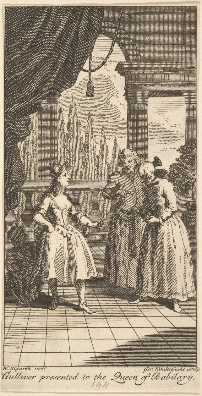 Guliwer przedstawiony królowej Babilary, Frontyspis do podróży pana ..., luty 1730. autorstwa Gerard Vandergucht
