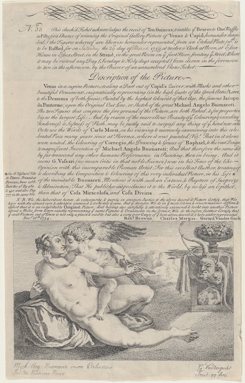 Bilet na loterię na obraz Wenus i Kupidyna według Michała Anioła, 1734. autorstwa Gerard Vandergucht