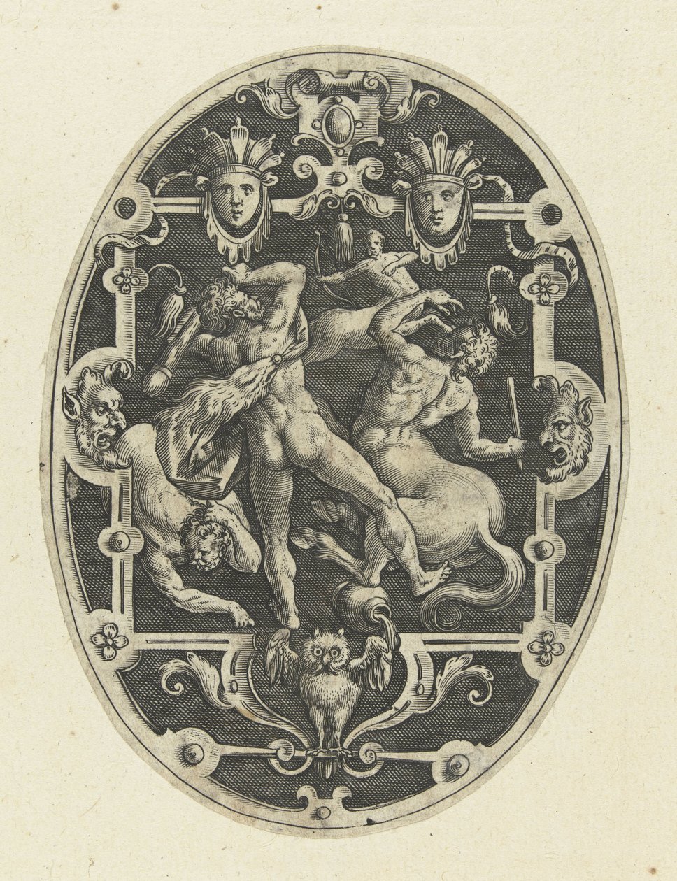 Herkules w walce z centaurami Owalne dekoracje powierzchni z czynami Herkulesa w groteskach (tytuł serii) autorstwa Gerard de Jode