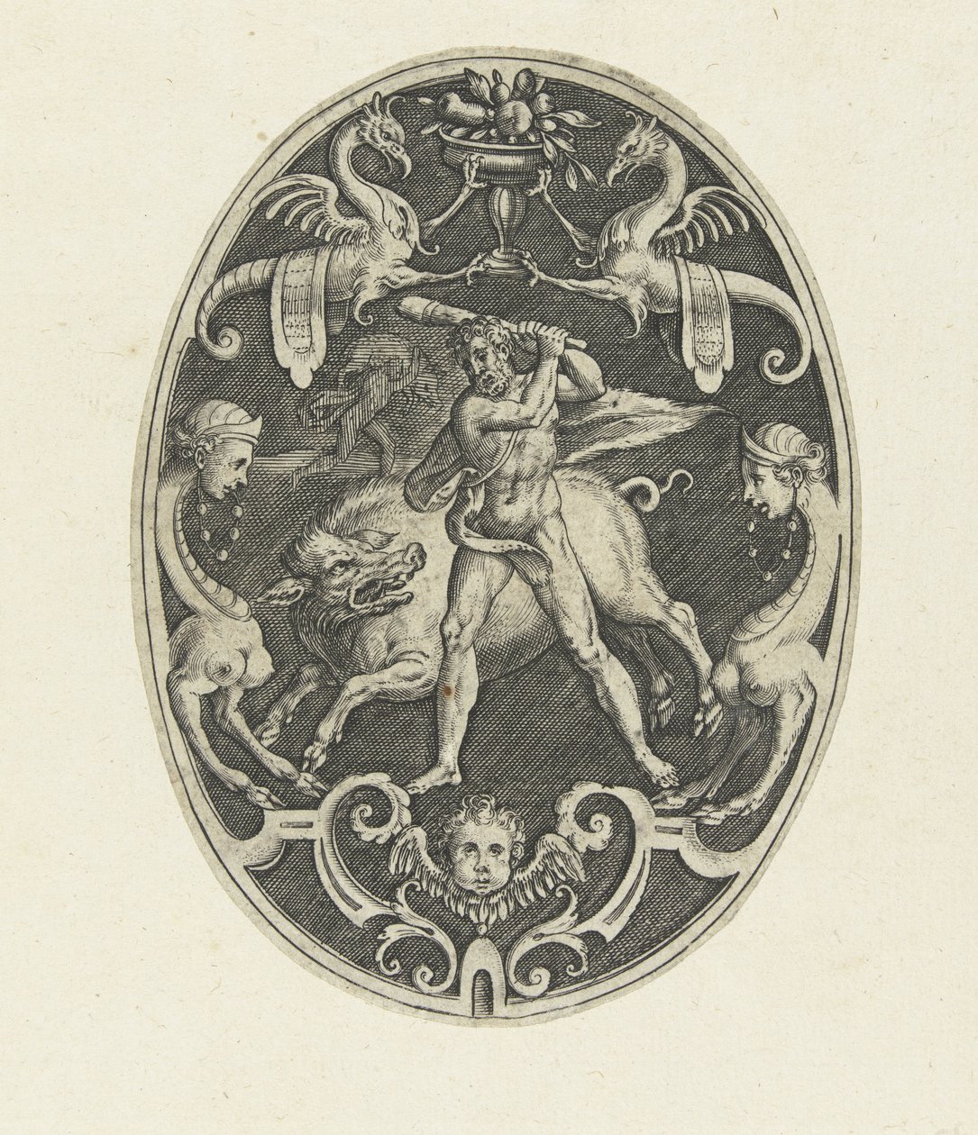 Dekoracja powierzchni: Hercules łapie dzika erymantycznego Owalne dekoracje powierzchni z czynami Herkulesa w groteskach (tytuł serii) autorstwa Gerard de Jode