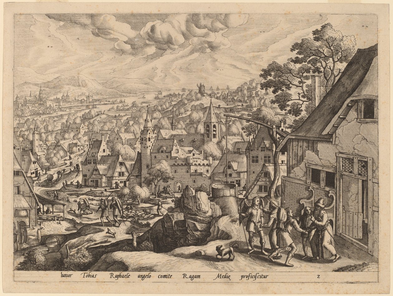 Archanioł Rafał zabiera Tobiasza ze swojego domu autorstwa Gerard de Jode after Hans Bol