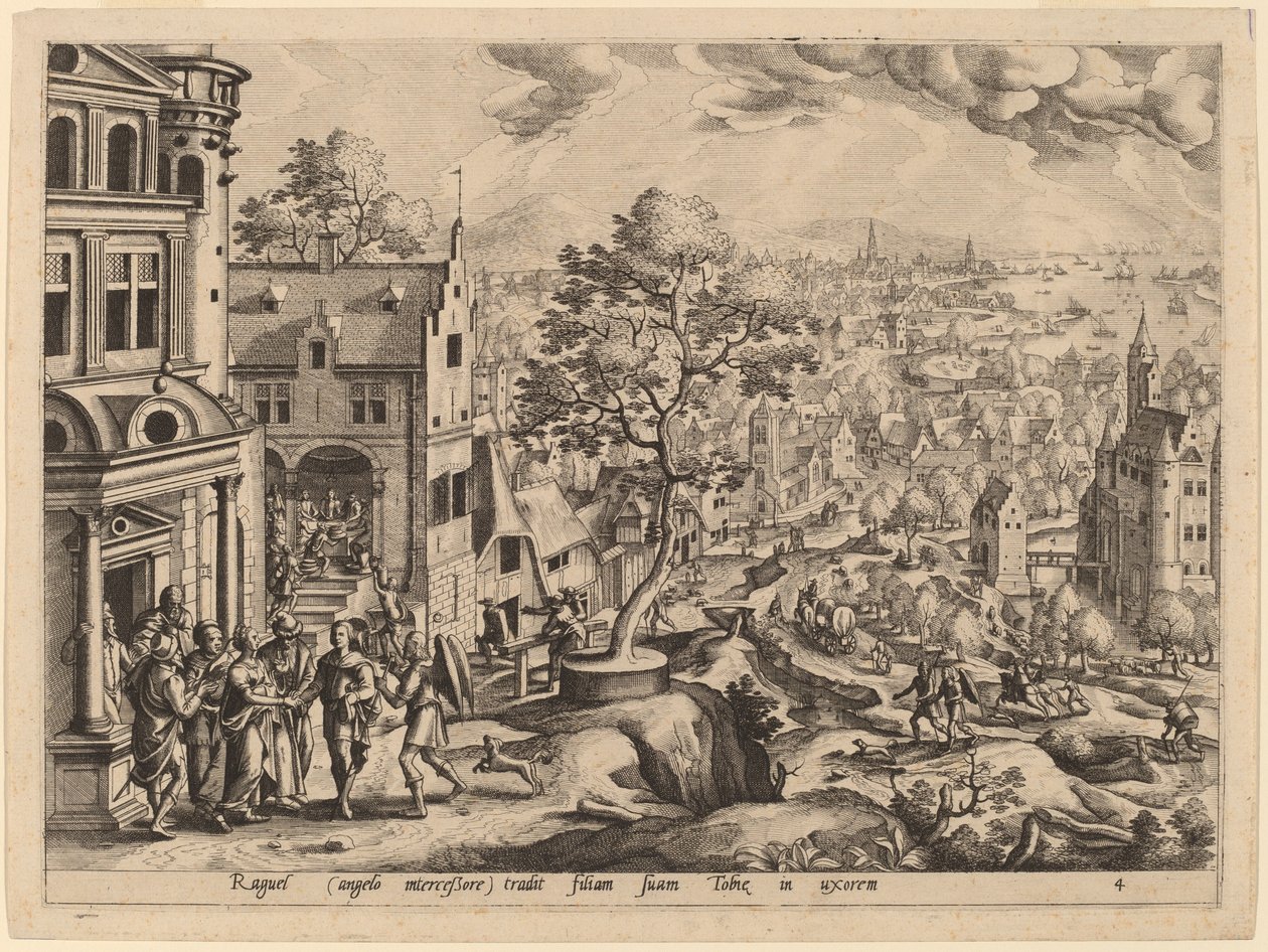 Tobiasz przybywa do domu Raguel autorstwa Gerard de Jode after Hans Bol