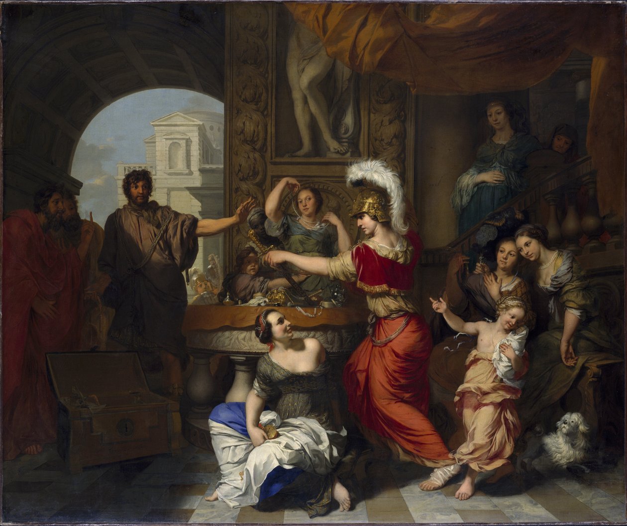 Achille decouvert par Ulysse parmi les filles de Lycomede a Skyros - Achilles odkryty przez Ulissesa wśród córek Lycomedesa w Skyros, Lairesse, Gerard, de (1640-1711). Olej na płótnie. Wymiar : 150,5x181 cm. Muzeum Narodowe w Sztokholmie autorstwa Gerard de Lairesse