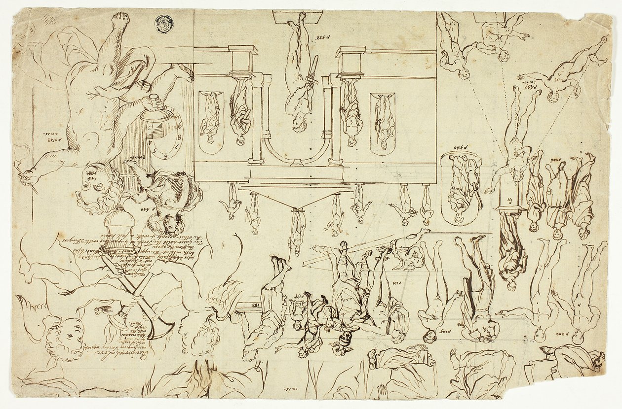 Kopie ilustracji posągów i obrazów (recto); Pomiary szkieletu mężczyzny (verso) autorstwa Gerard de Lairesse