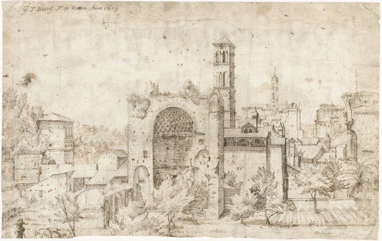 Widok na absydę Świątyni Wenus i Romów oraz klasztor S. Maria Nova w Rzymie autorstwa Gerard ter Borch