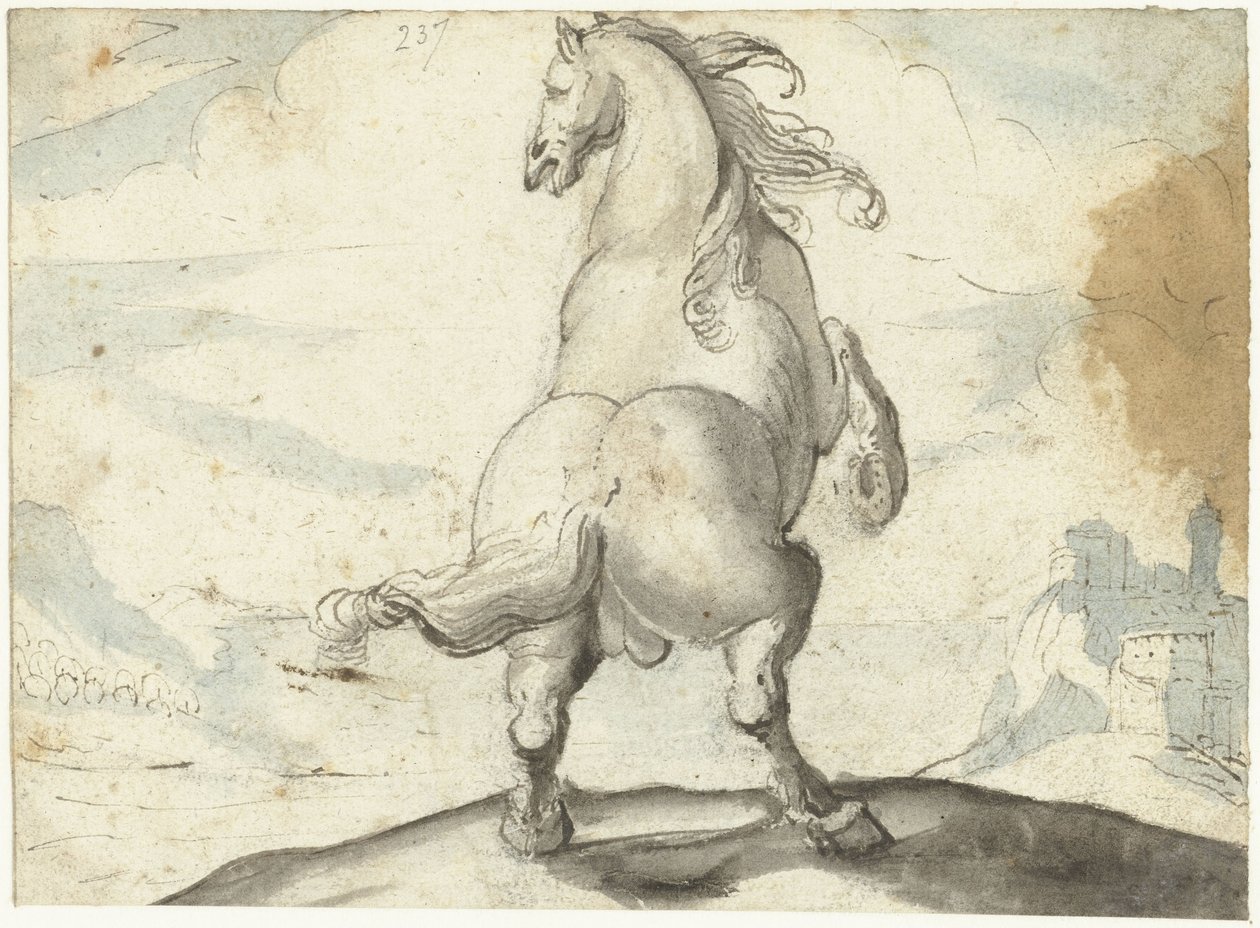 Hodowla konia przed włoskim widokiem na port autorstwa Gerard ter Borch (I)