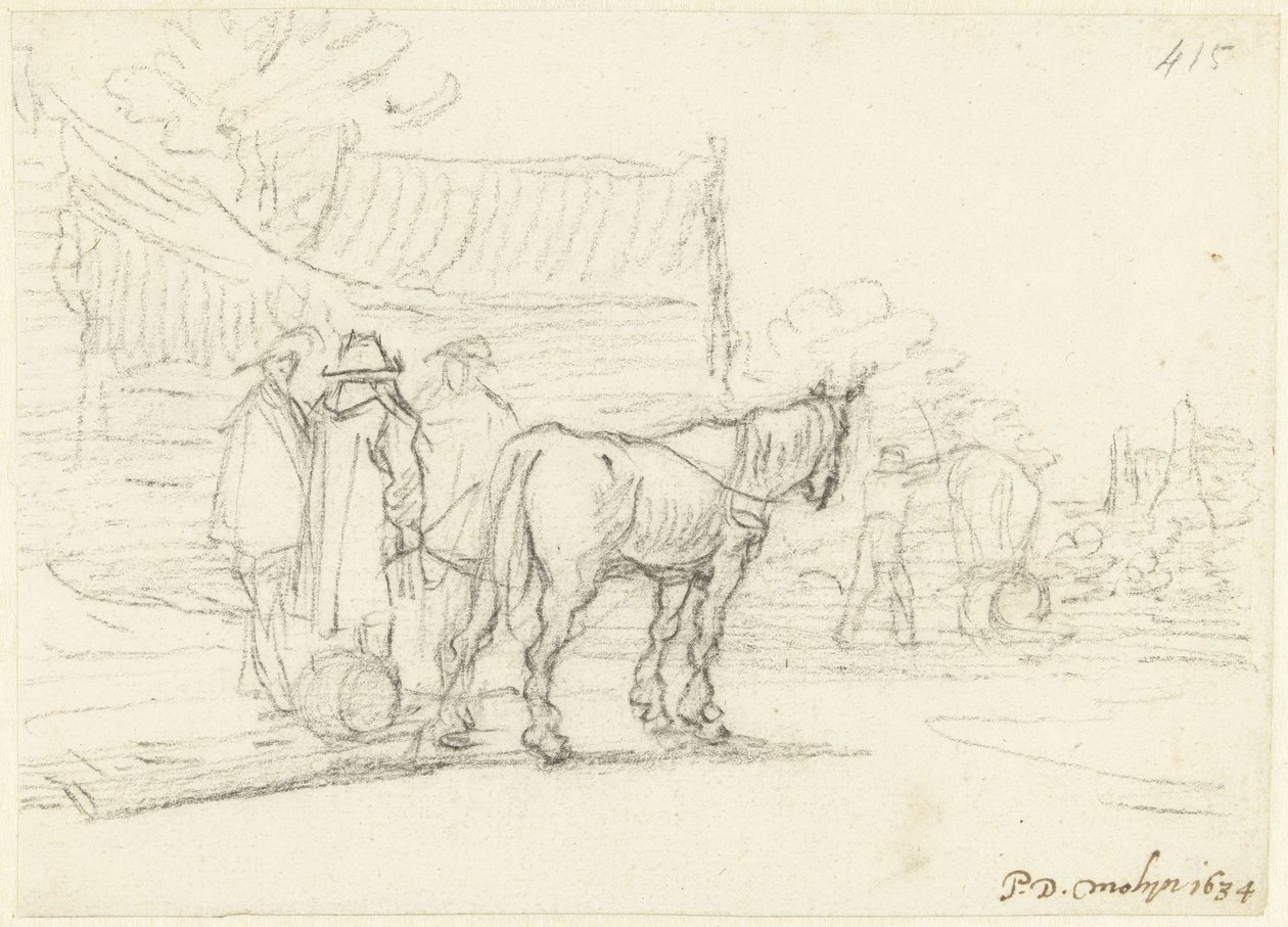 Trzech mężczyzn obok konia i sań autorstwa Gerard ter Borch (II)