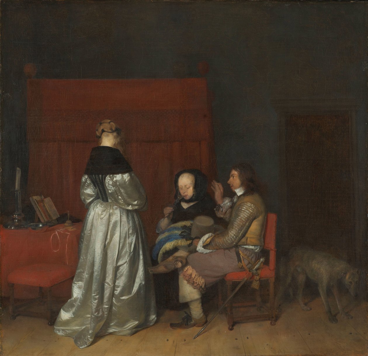 Waleczna rozmowa, znana jako „Ojcowskie napomnienie” Wnętrze z trzema rozmawiającymi ze sobą postaciami; znany jako „Ojcowskie napomnienie” autorstwa Gerard ter Borch (II)