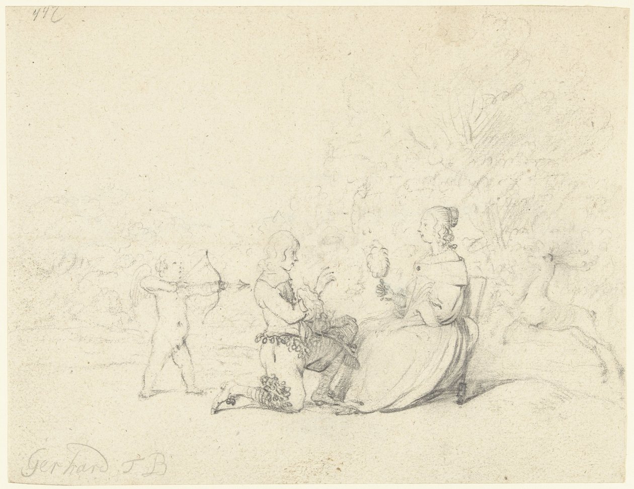 Pan klęczący przed damą autorstwa Gerard ter Borch (II)