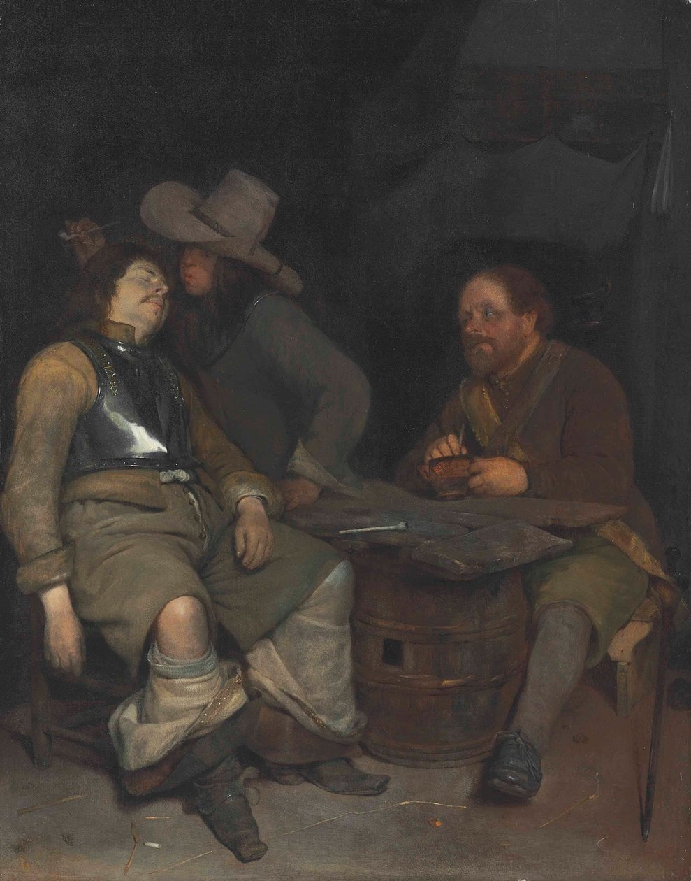 Wnętrze wartowni z żołnierzem wydmuchującym dym autorstwa Gerard ter Borch