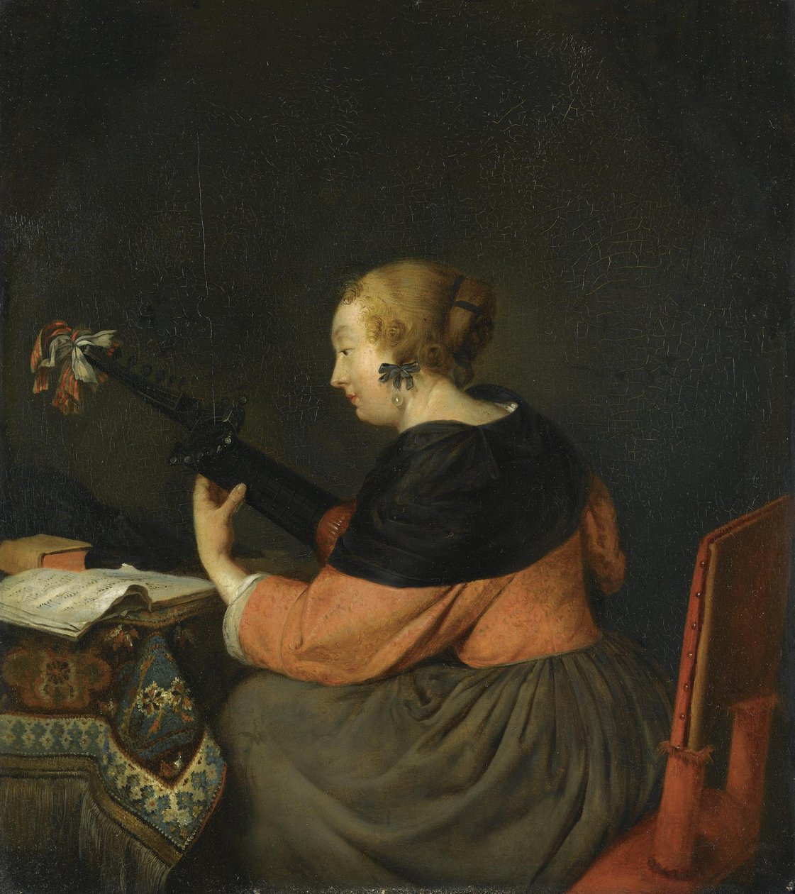 Dama siedząca i grająca na lutni autorstwa Gerard ter Borch