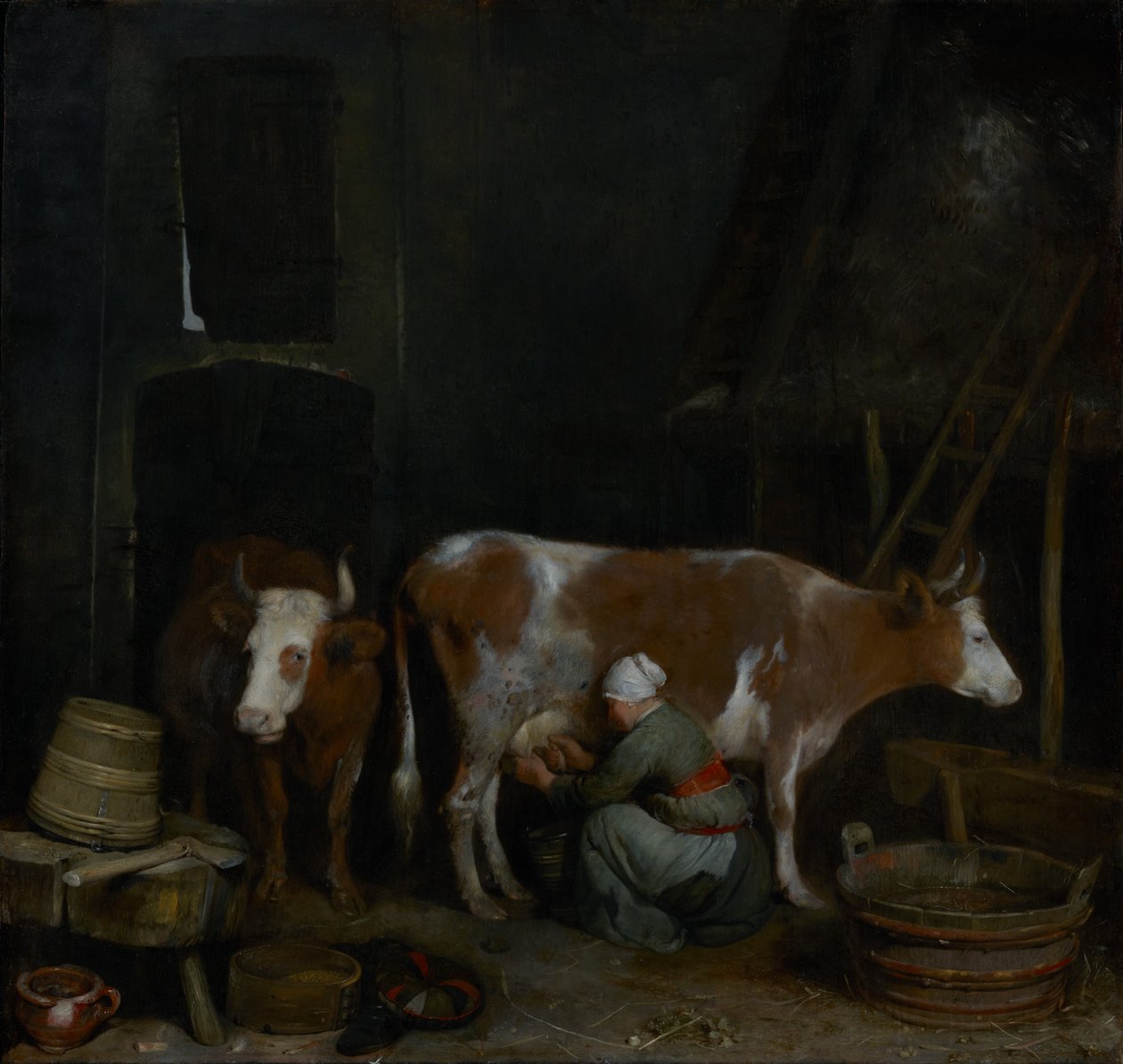 Służąca dojąca krowę w stodole autorstwa Gerard ter Borch