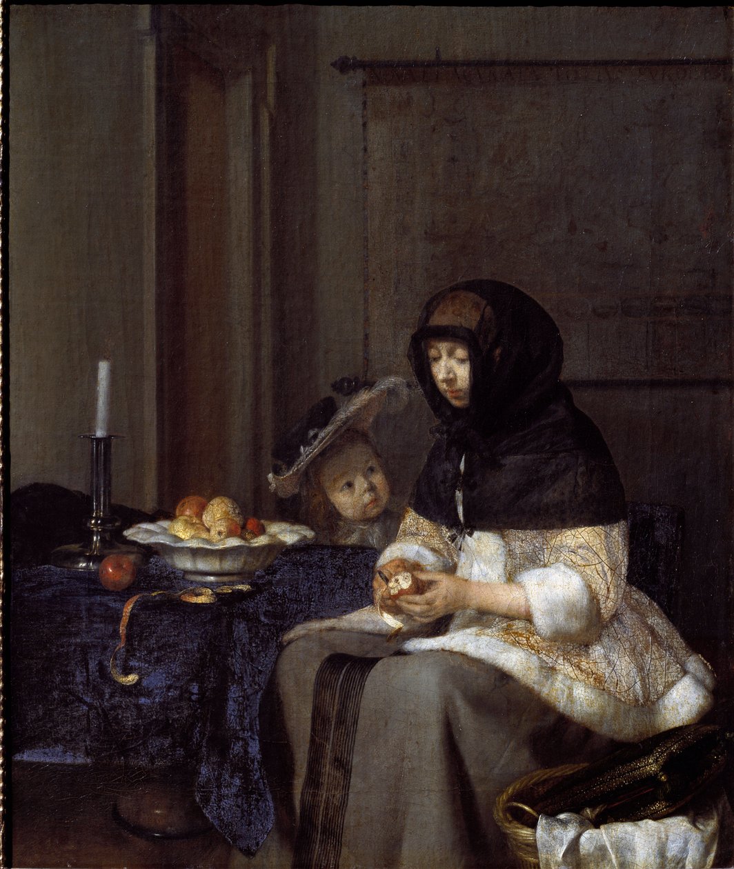 Matka obierająca jabłko (olej na płótnie) autorstwa Gerard ter Borch