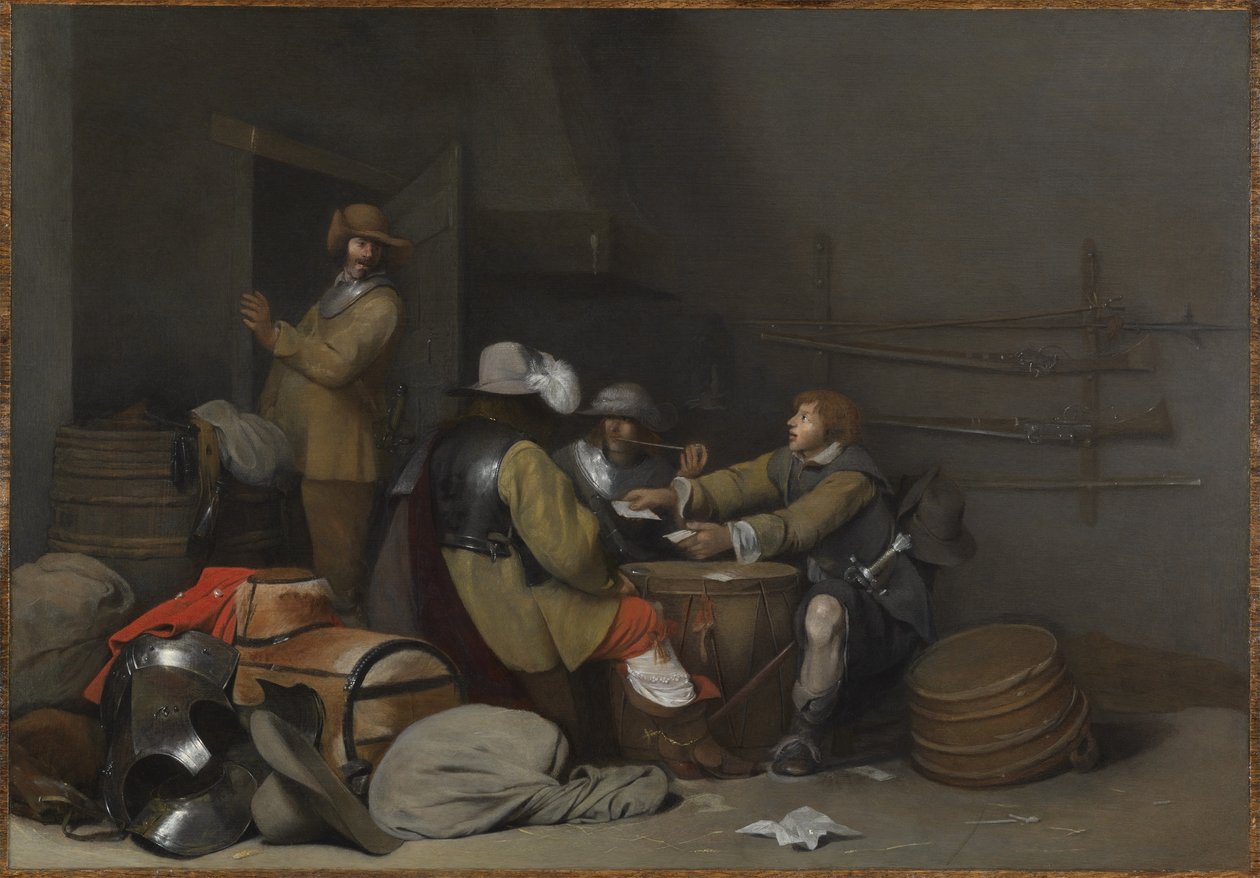 Wnętrze wartowni z żołnierzami palącymi i grającymi w karty autorstwa Gerard ter Borch