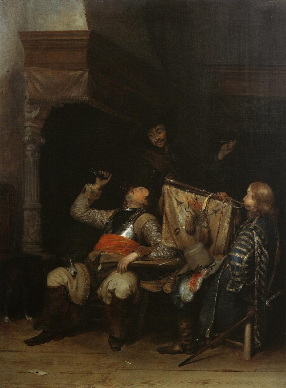 Żołnierze pijący, palący i grający muzykę we wnętrzu autorstwa Gerard ter Borch