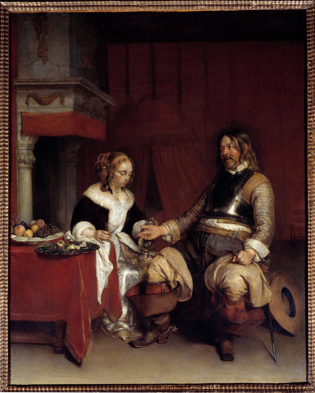 Wojskowa szarmanka lub młoda kobieta, której mężczyzna oferuje pieniądze. Obraz Gerarda Ter Borcha (1617-1681), holenderski autorstwa Gerard ter Borch