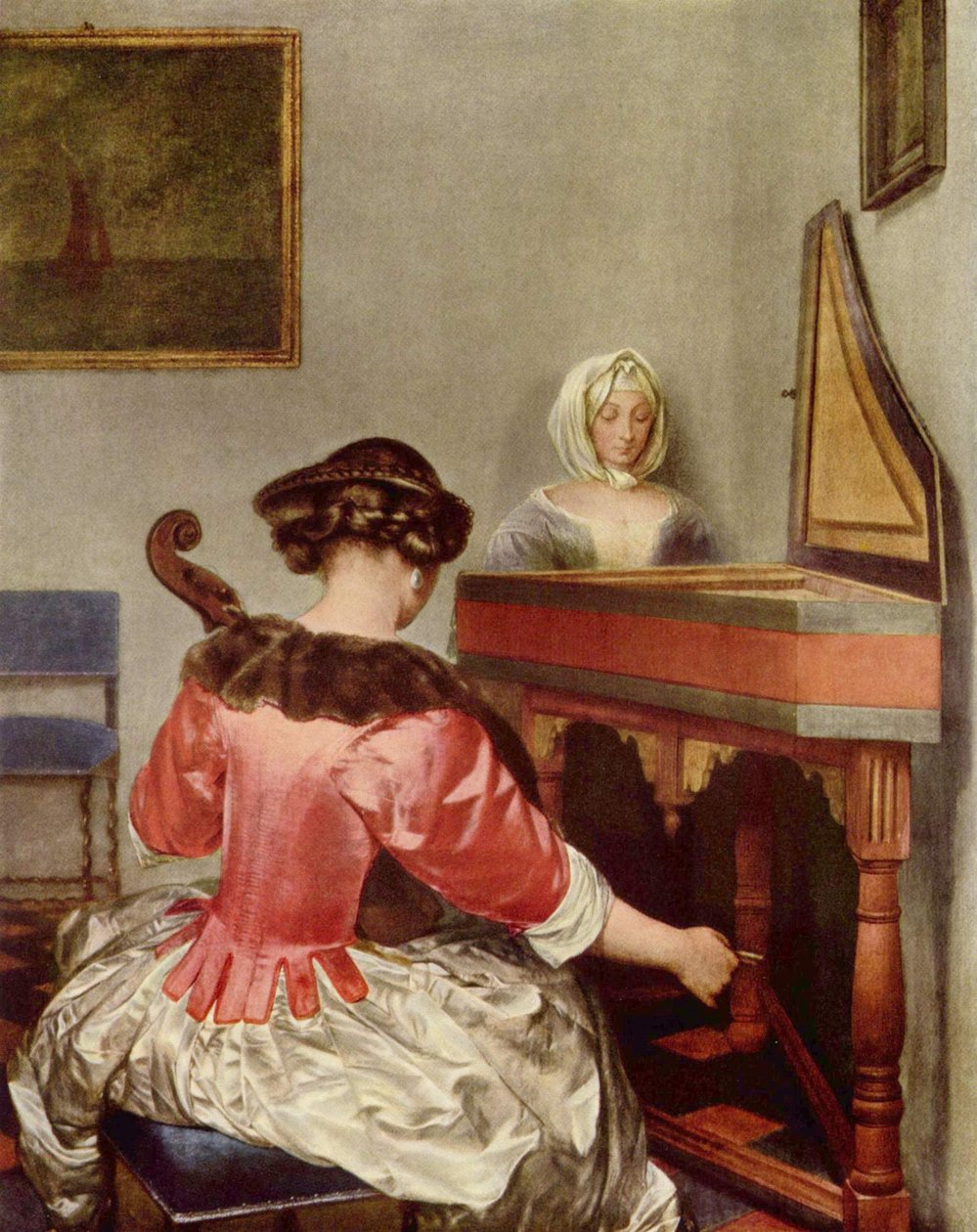 Dwie kobiety grające muzykę we wnętrzu autorstwa Gerard ter Borch