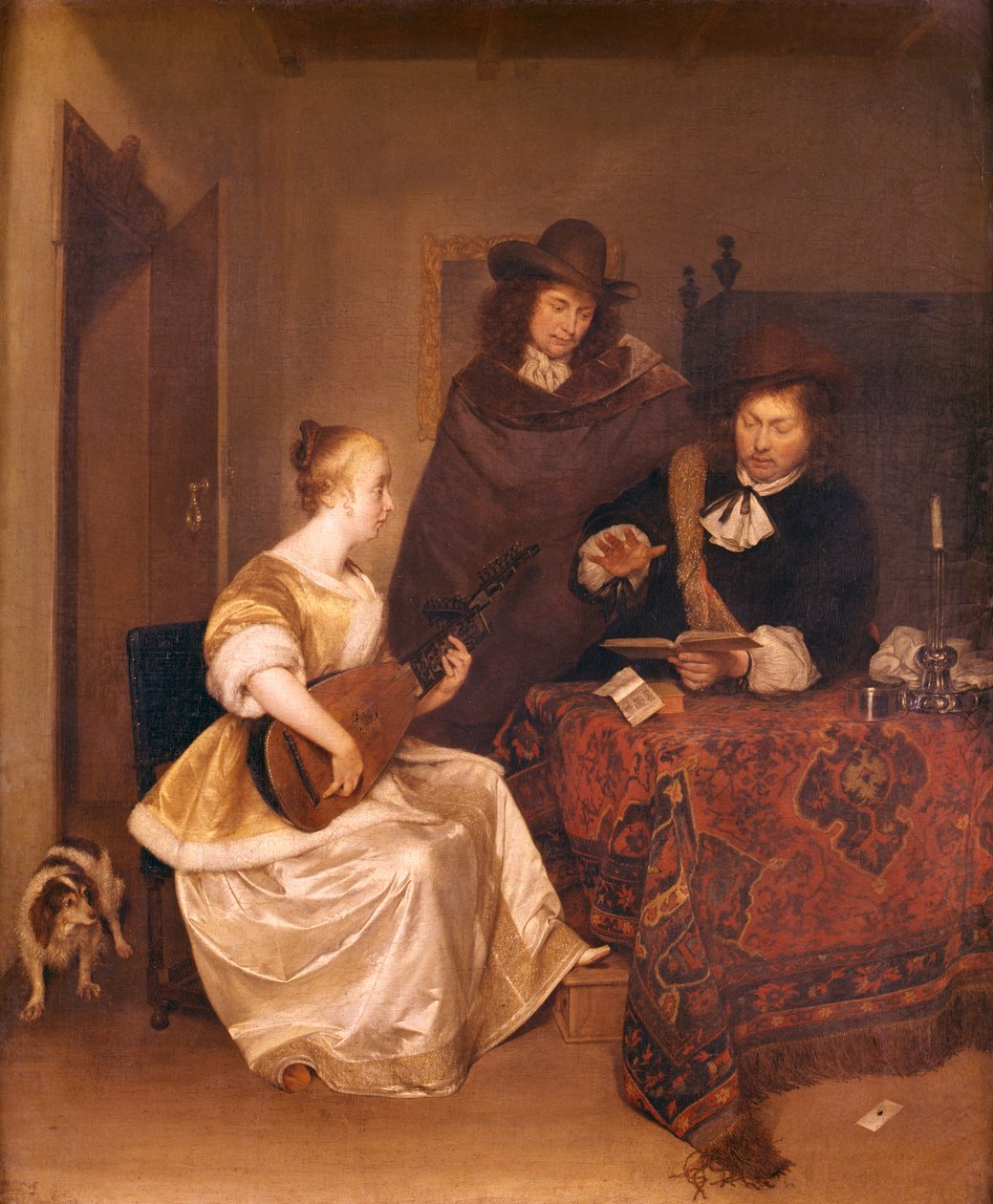 Młoda kobieta grająca na teorbie z dwoma mężczyznami, 1667-1668 autorstwa Gerard ter Borch