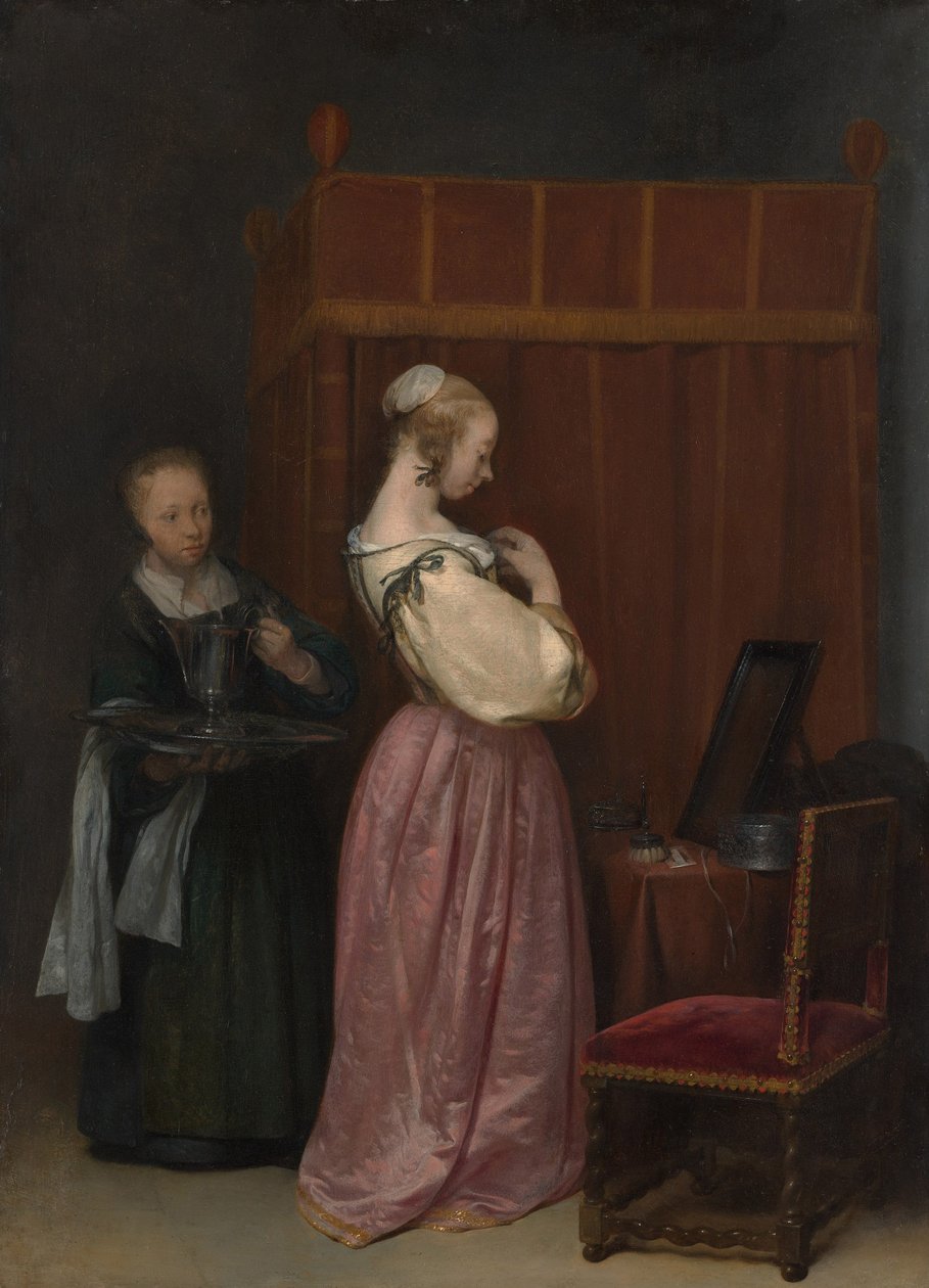 Młoda kobieta w toalecie z pokojówką, ok. 1650-51 autorstwa Gerard ter Borch