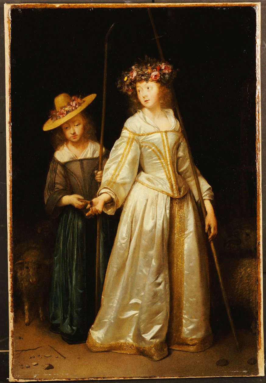 Przyrodnia siostra artystki z młodszą siostrą Cathariną podającą jej flet, 1651 autorstwa Gerard ter Borch