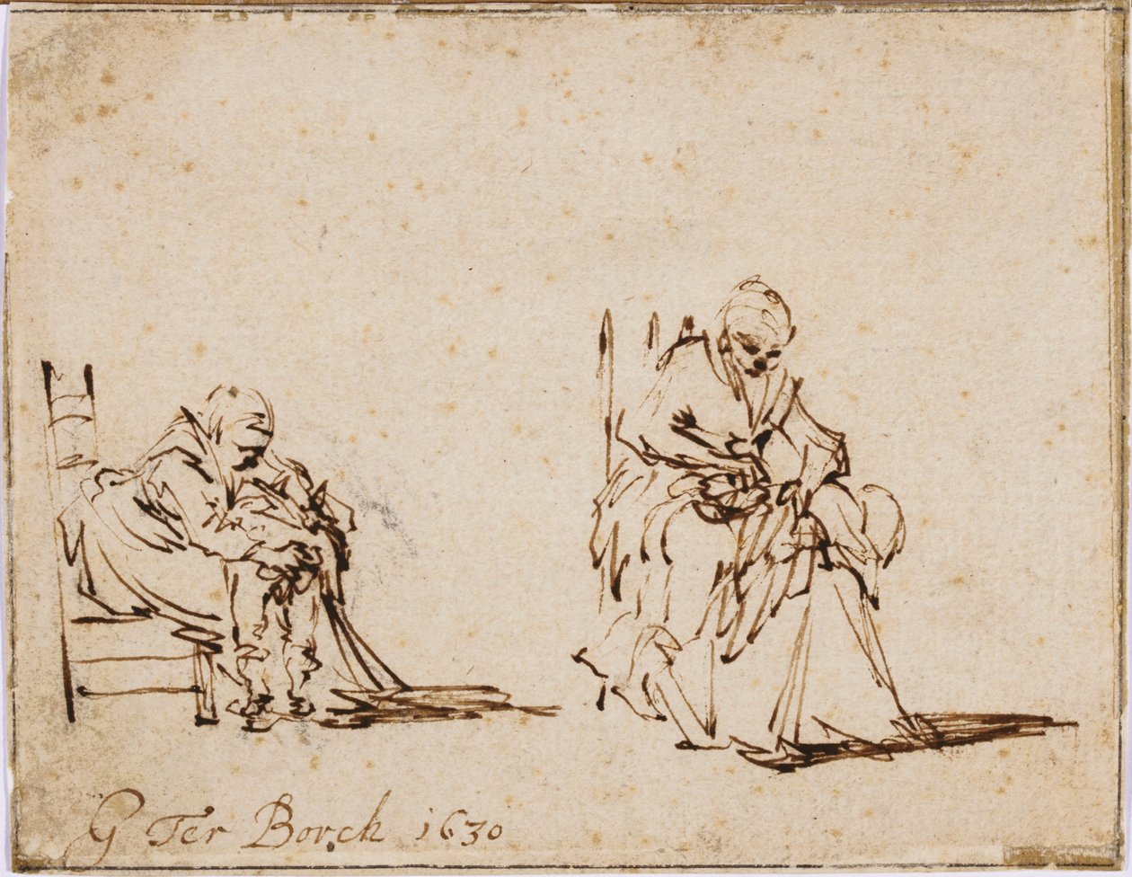 Dwa badania kobiety myjącej dziecko autorstwa Gerard ter Borch