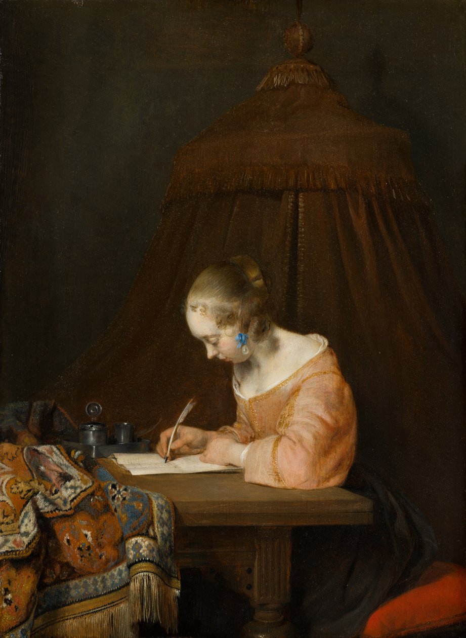 Kobieta pisząca list, ok. 1655 autorstwa Gerard ter Borch