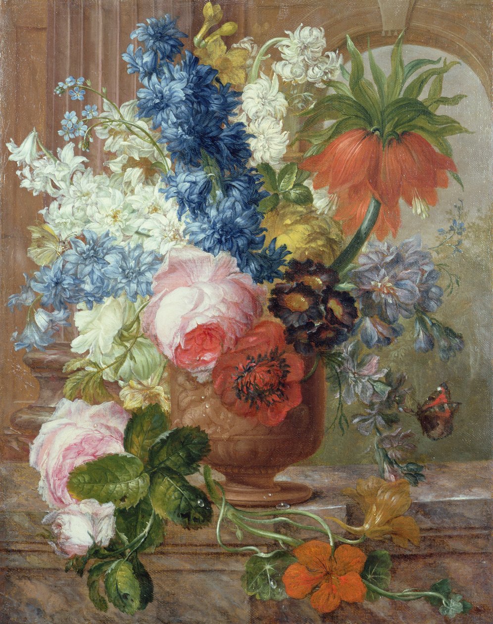 Róże, Delphiniums, Anemone, Nasturtium i Imperial Lily w rzeźbionej urnie na marmurowej półce (olej na płótnie) autorstwa Gerard van (after) Spaendonck