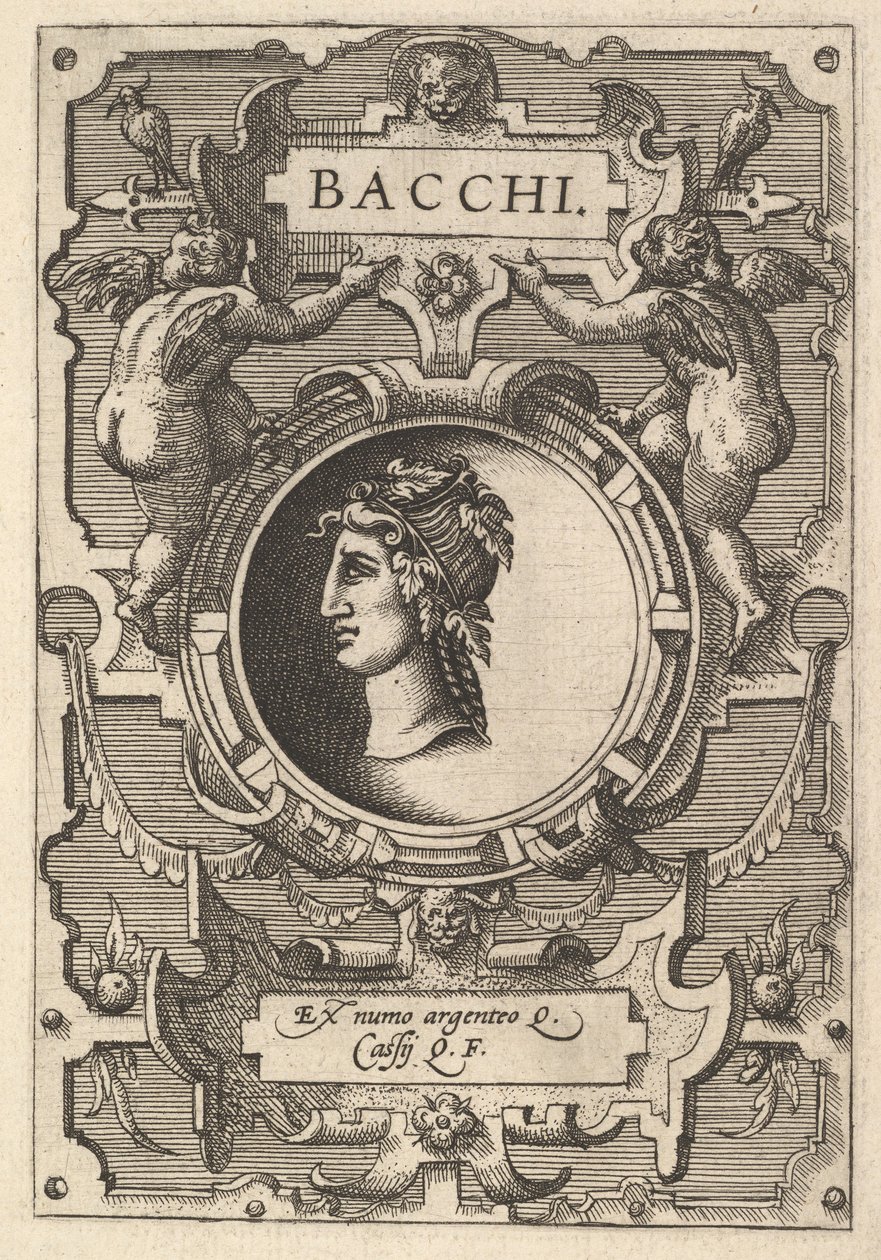 Popiersie Bachusa otoczone plecionką, z serii "Deorum dearumque", zestaw obrazów..., 1573 autorstwa Gerard van Groeningen