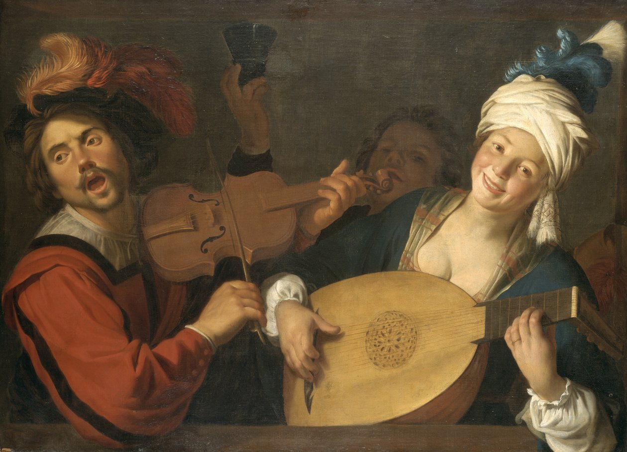 Francuski:  Le Concert Para muzykująca za balustradą autorstwa Gerard van Honthorst