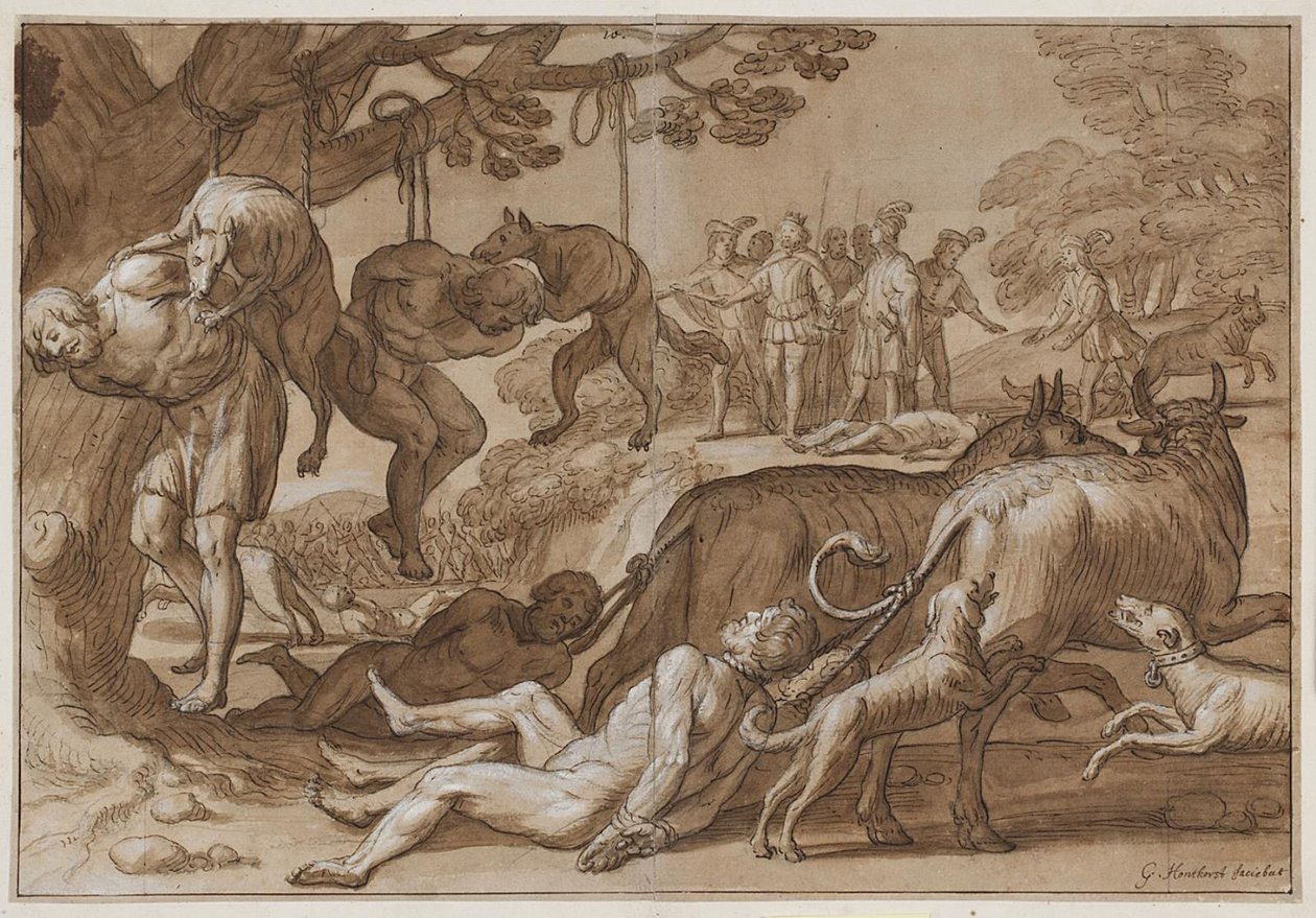 Król Jarmeric poddaje schwytanych Wendów torturom autorstwa Gerard van Honthorst