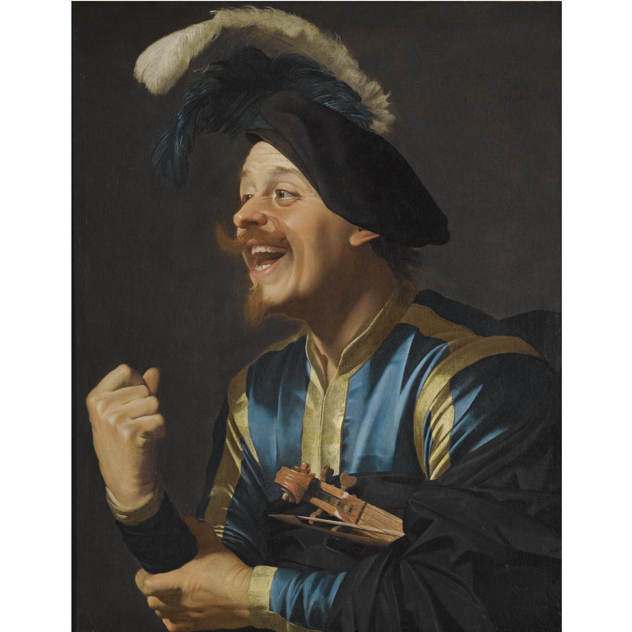 Śmiejący się muzyk ze skrzypcami pod pachą autorstwa Gerard van Honthorst