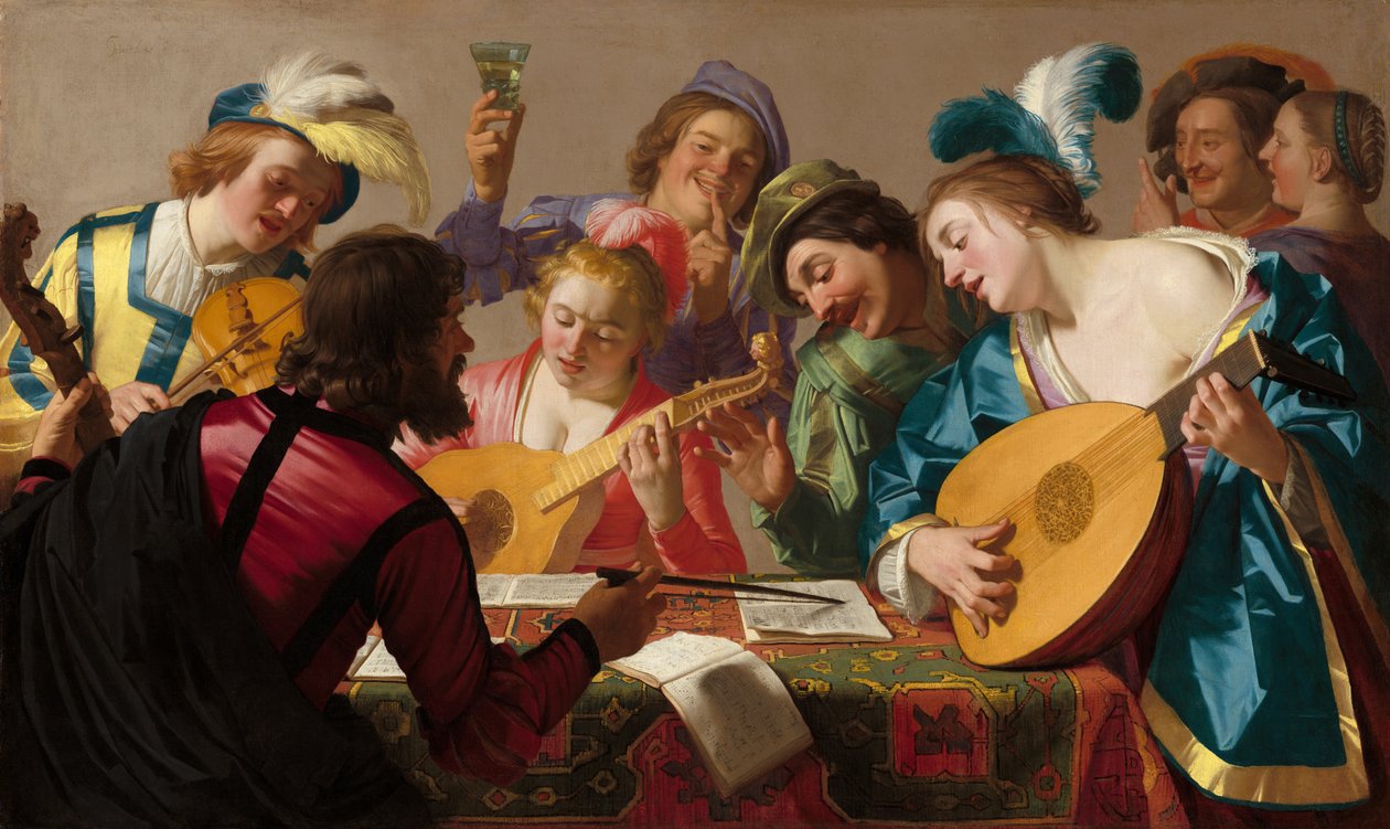 Muzycy późnego renesansu/wczesnego baroku (Gerard van Honthorst, Koncert, 1623) autorstwa Gerard van Honthorst
