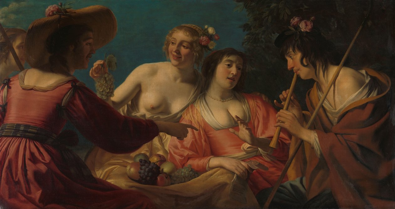Pasterz grający na flecie i cztery pasterki Pasterz grający na flecie i cztery nimfy autorstwa Gerard van Honthorst